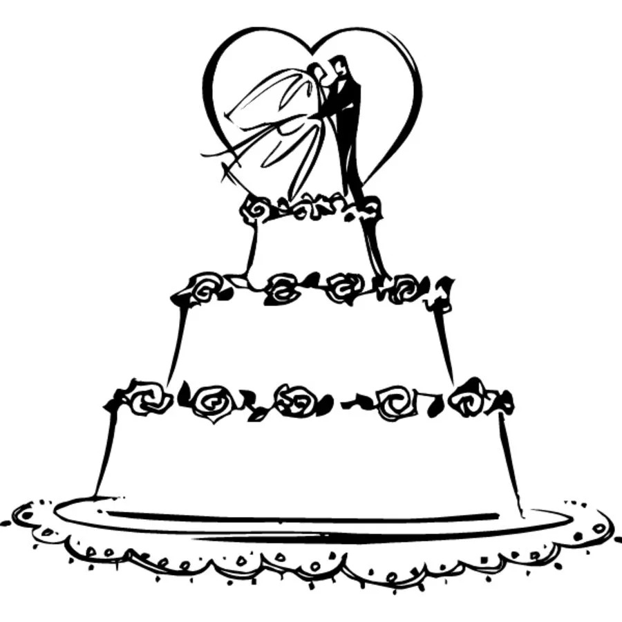 Desenho Bolo de Casamento três Andares com Noivos para Colorir
